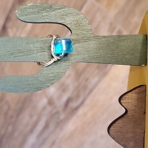 Wire Wrapped Blue Bead Silver Tone Ring, Size 8